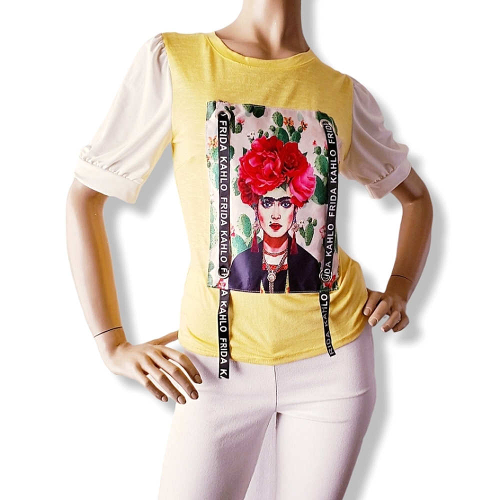 Denimland "Frida Kahlo" Print Yellow Ivory Mixed Media Color Block Ribbon Blouse